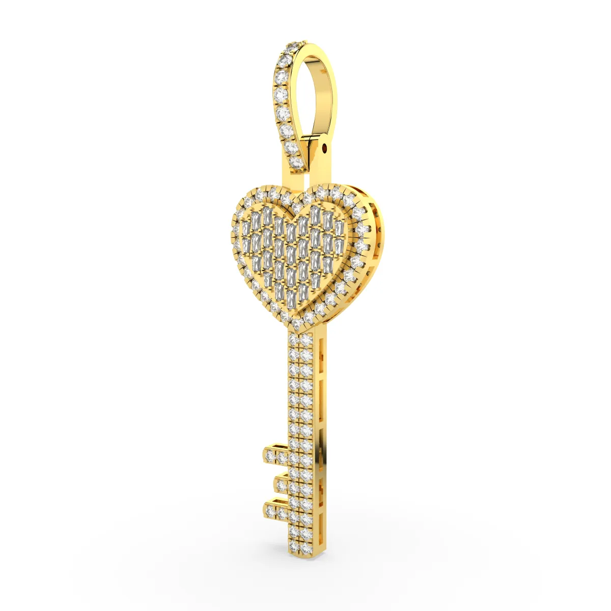 Round And Baguette Natural Diamond Love Heart Key Charm Pendant