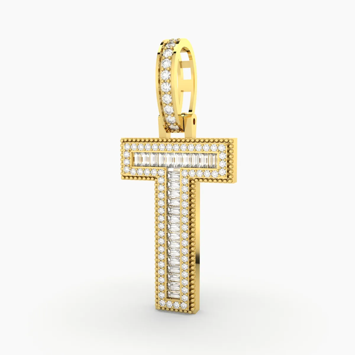 Letter T Initial Baguette And Round Natural Diamond Pendant