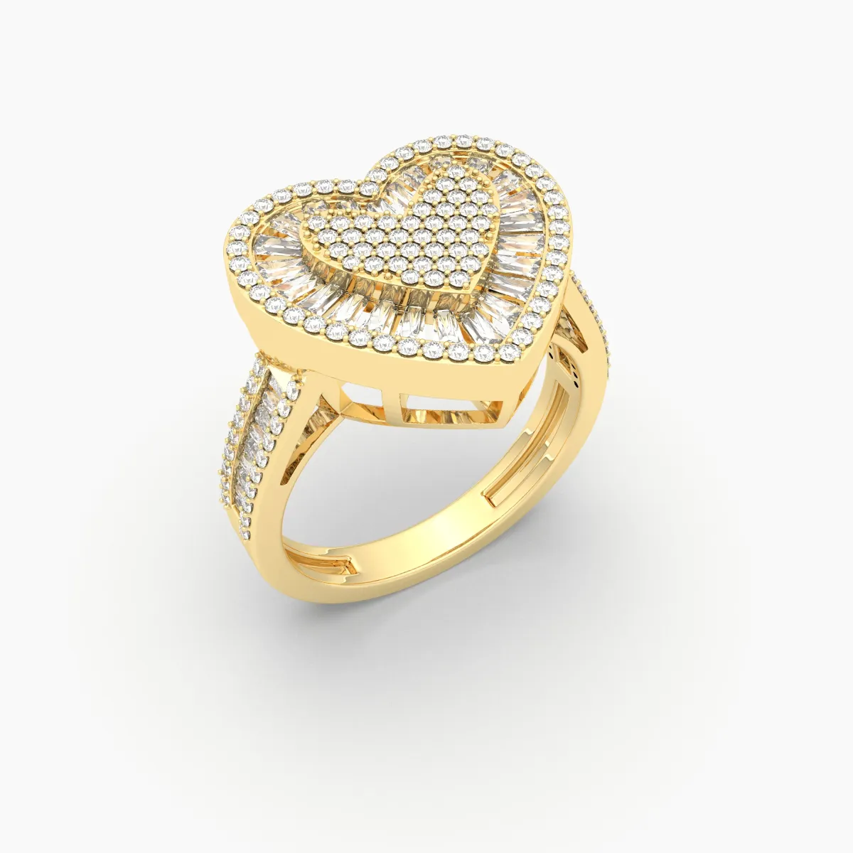 Baguette And Round Natural Diamond Bubble Heart Ring