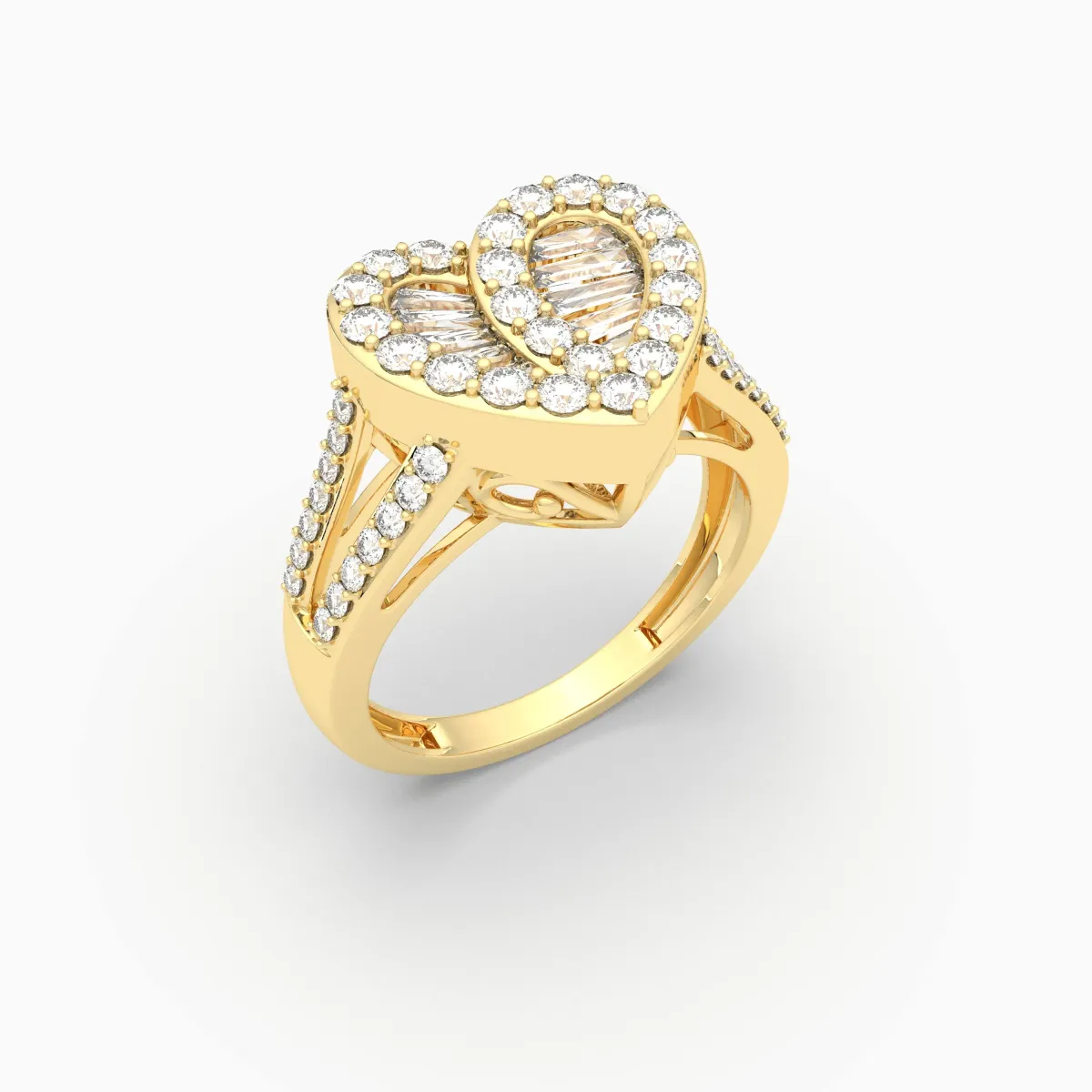 Baguette & Round Cut Natural Diamond Heart Halo Ring