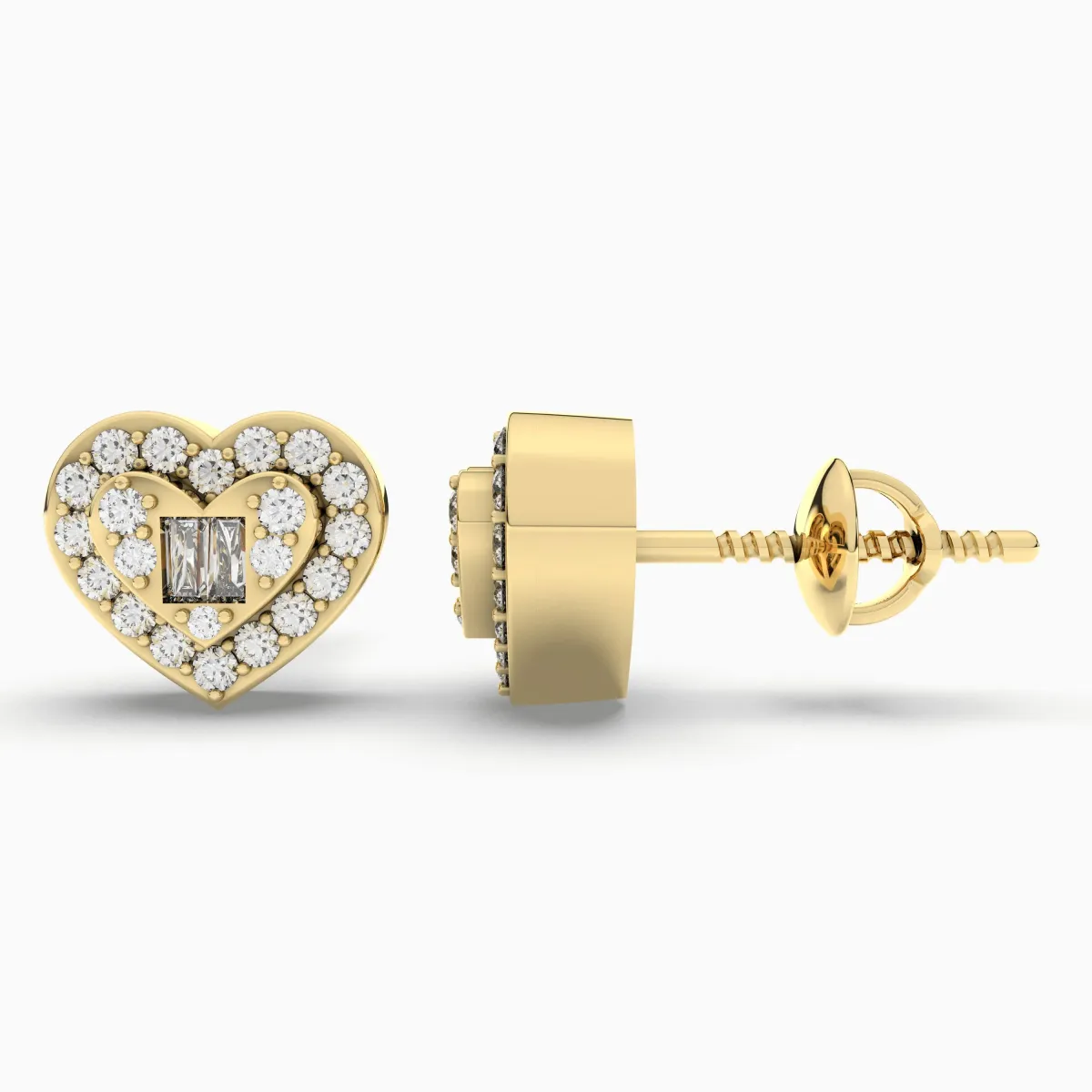 Heart Shape Natural Diamond And Baguette Stud Earring For Women