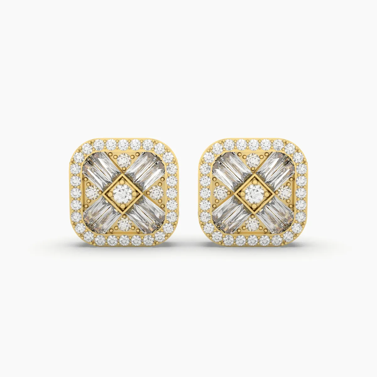 Baguette And Round Brilliant Natural Diamond Stud Earrings