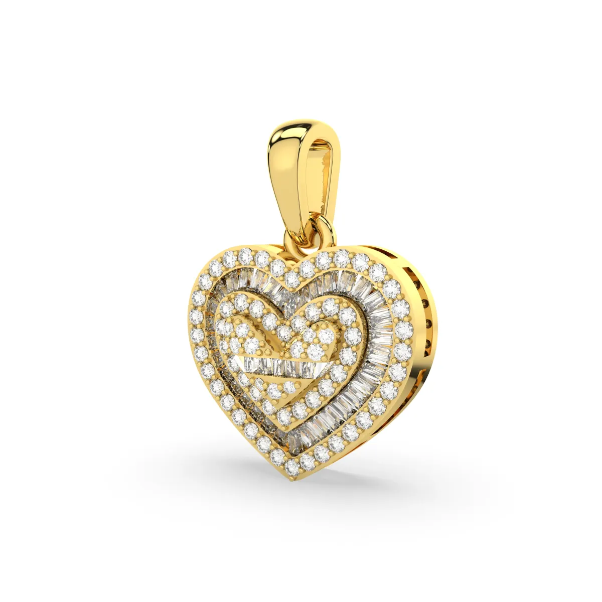 Natural Diamond Heart Triple Layer Baguette And Round Shape Pendant