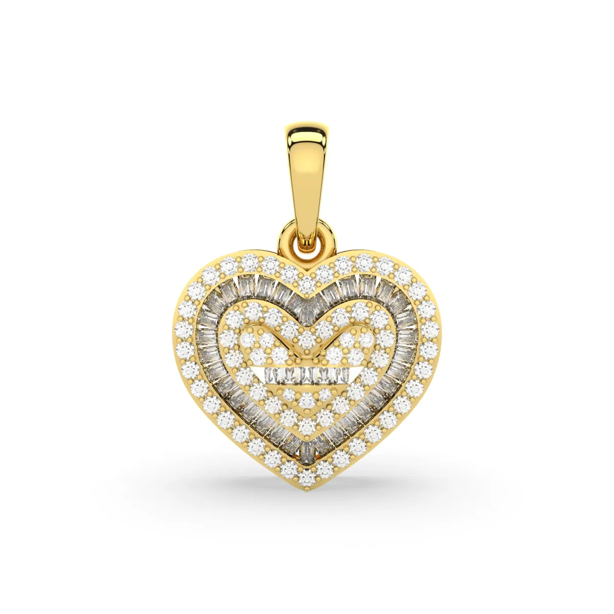 Natural Diamond Heart Triple Layer Baguette And Round Shape Pendant
