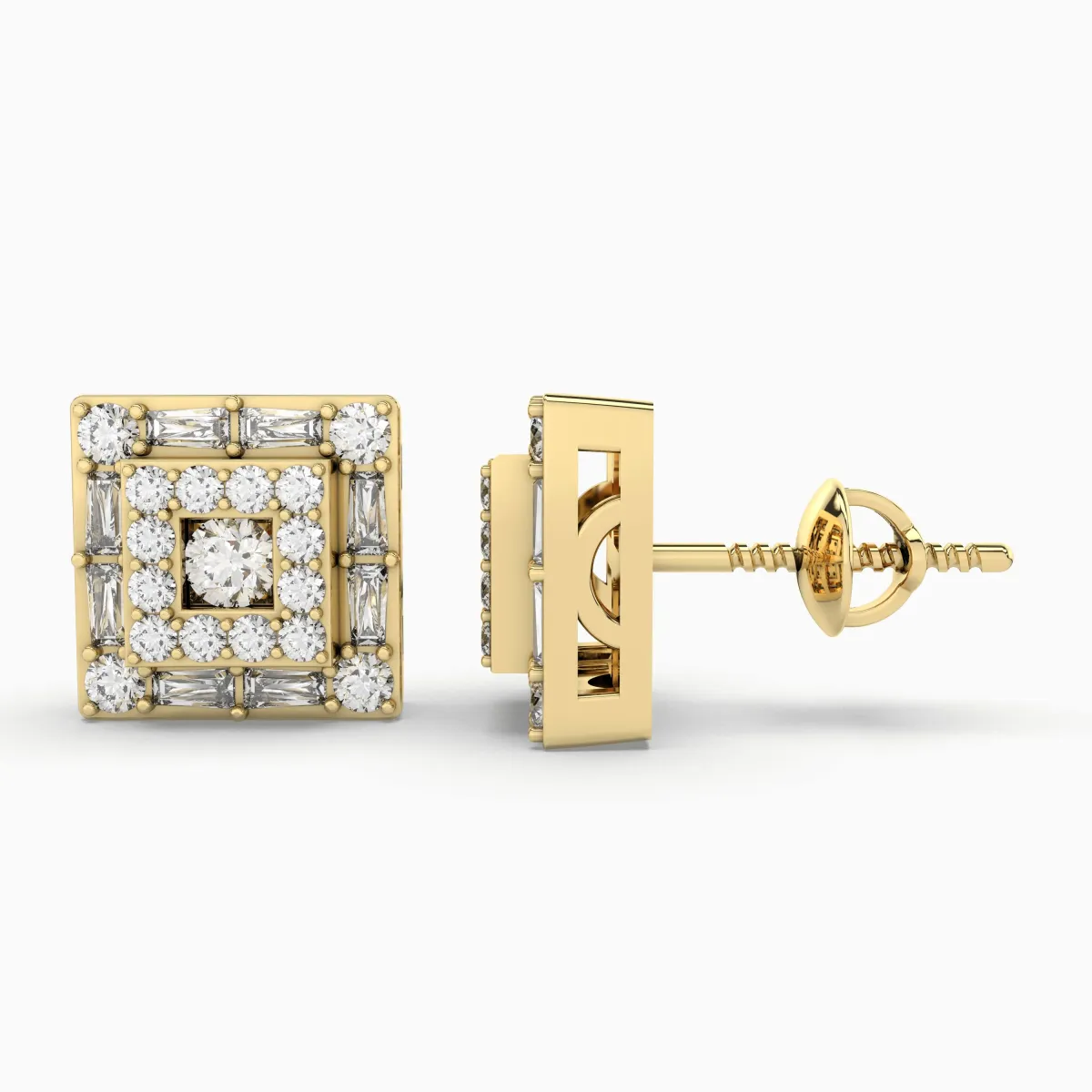 Gold Vintage Square Natural Diamond Stud Earrings For Women