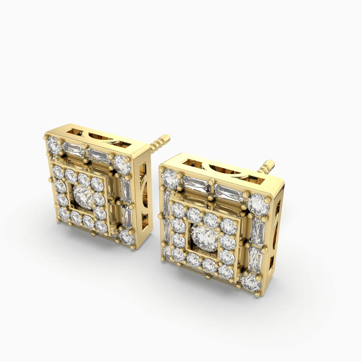 Gold Vintage Square Natural Diamond Stud Earrings For Women