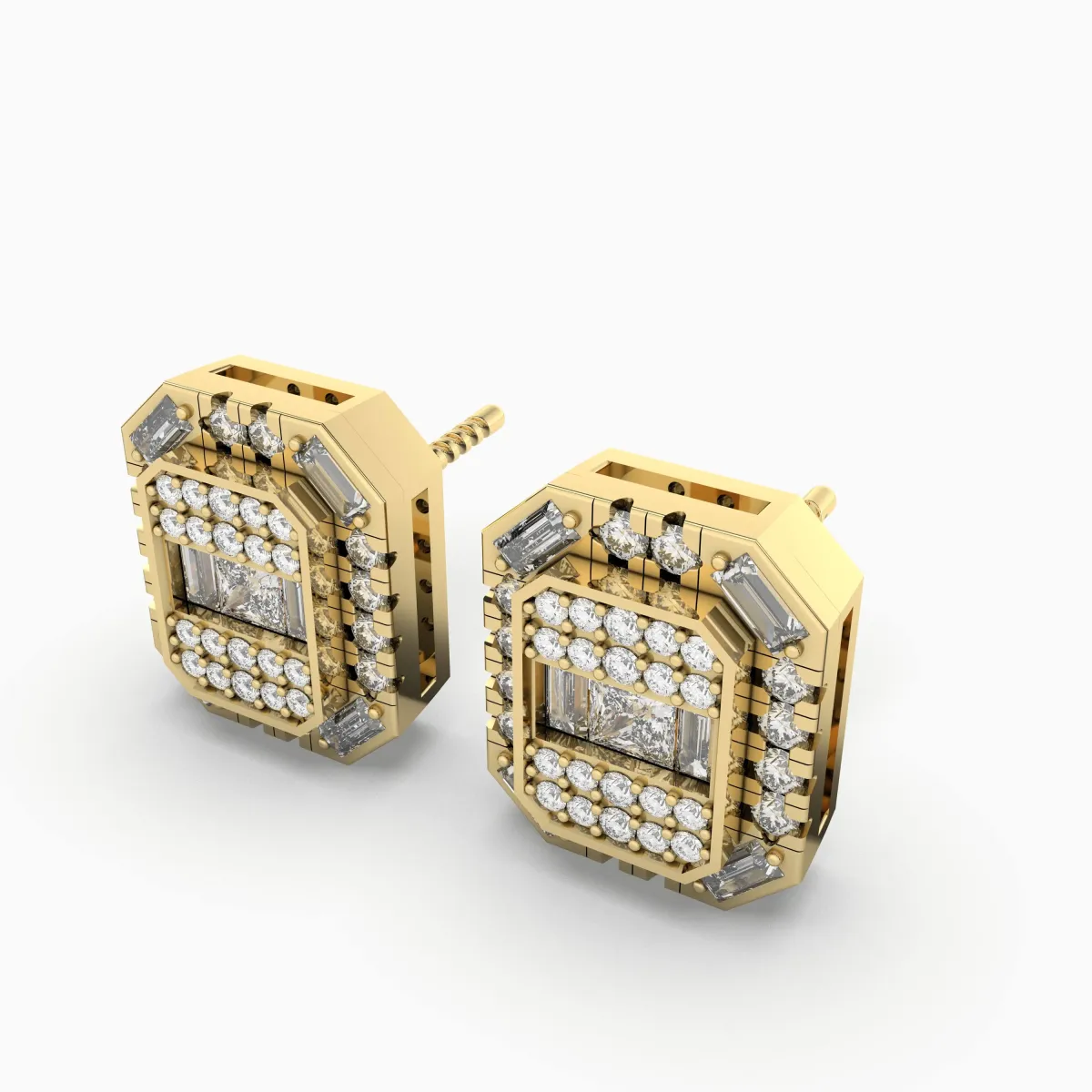 Gold Square Natural Diamond Stud Earrings