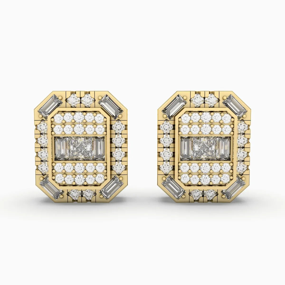 Gold Square Natural Diamond Stud Earrings
