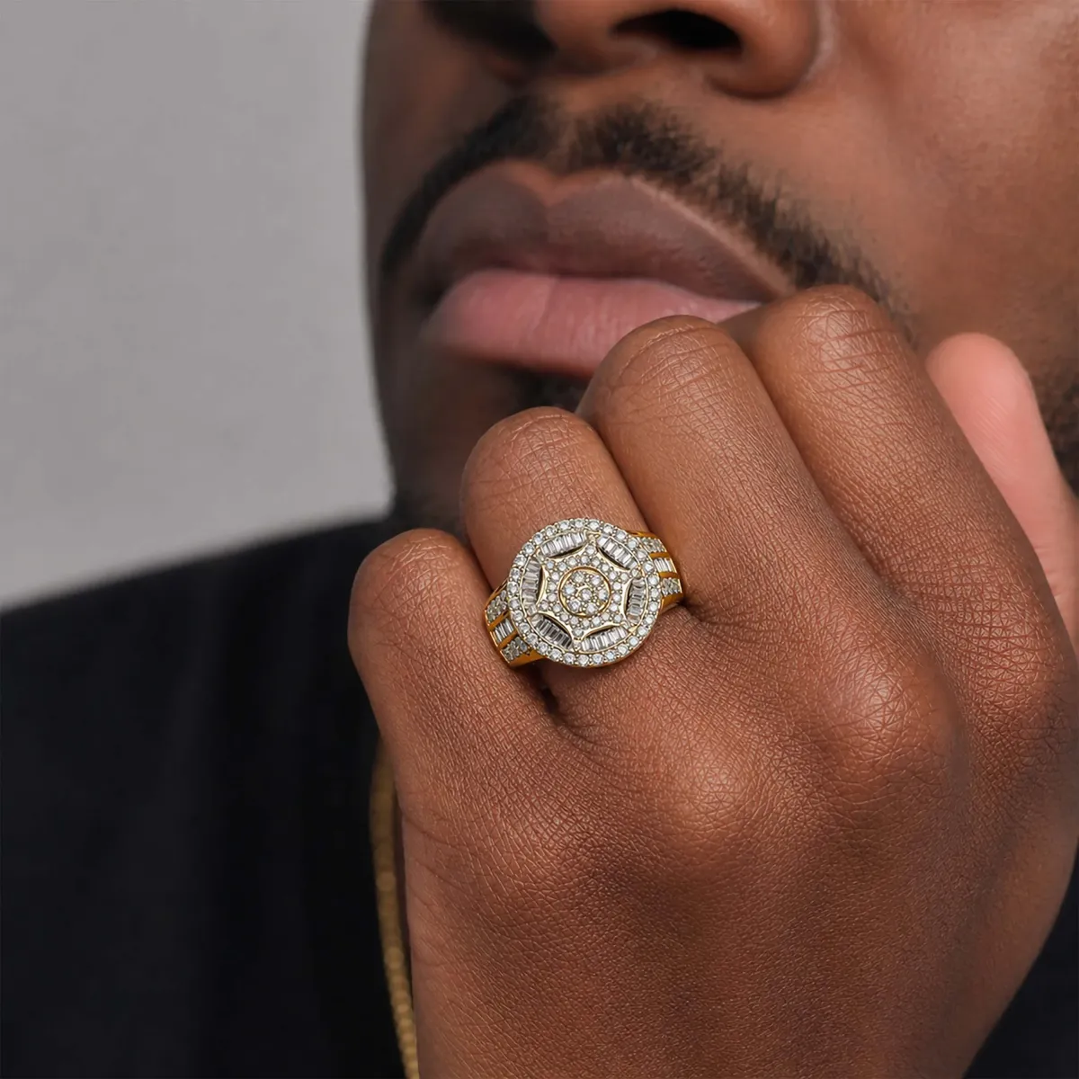 Tier Step Statement Gold Natural Diamond Round Ring