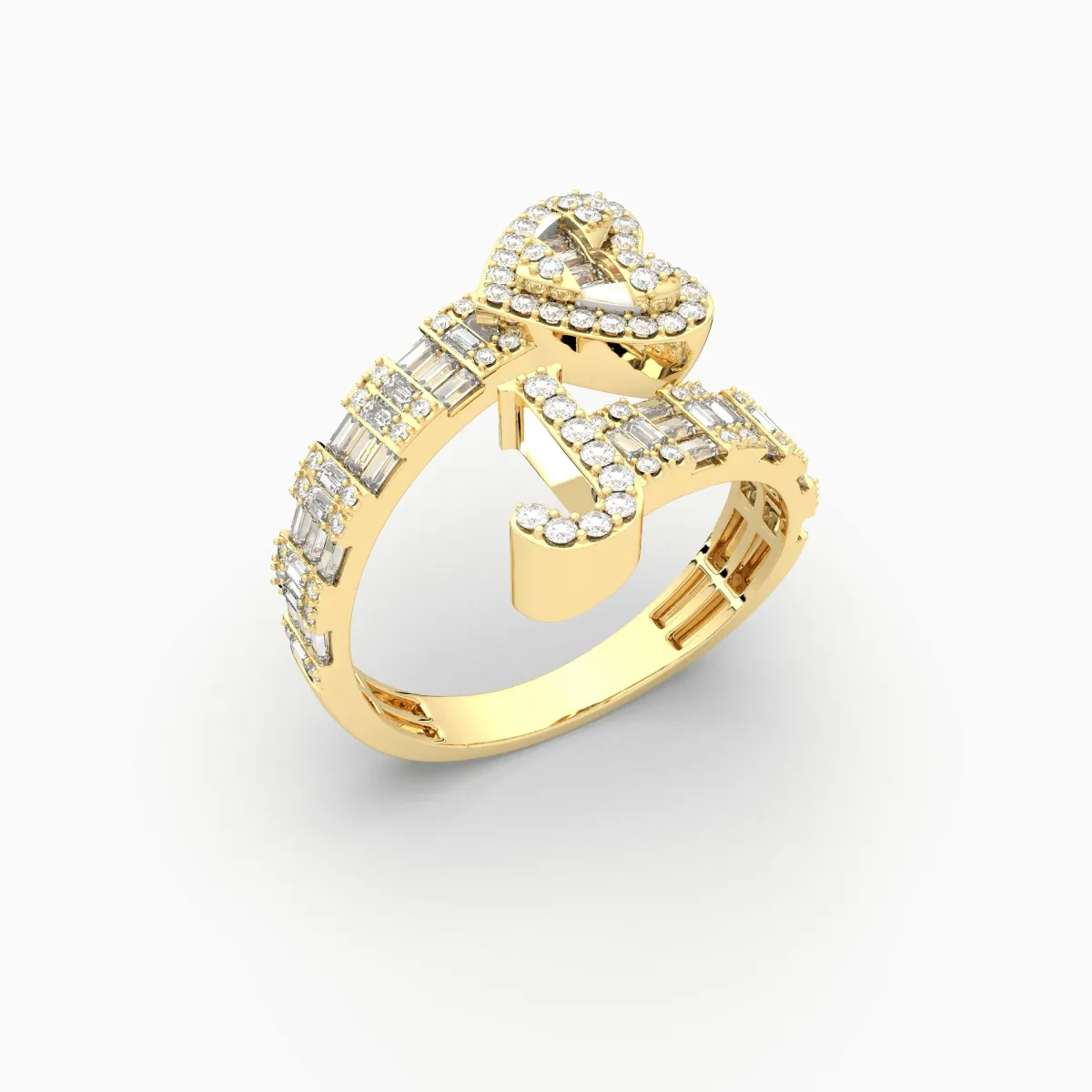 Baguette And Round Natural Diamond Heart Initial J Letter Ring