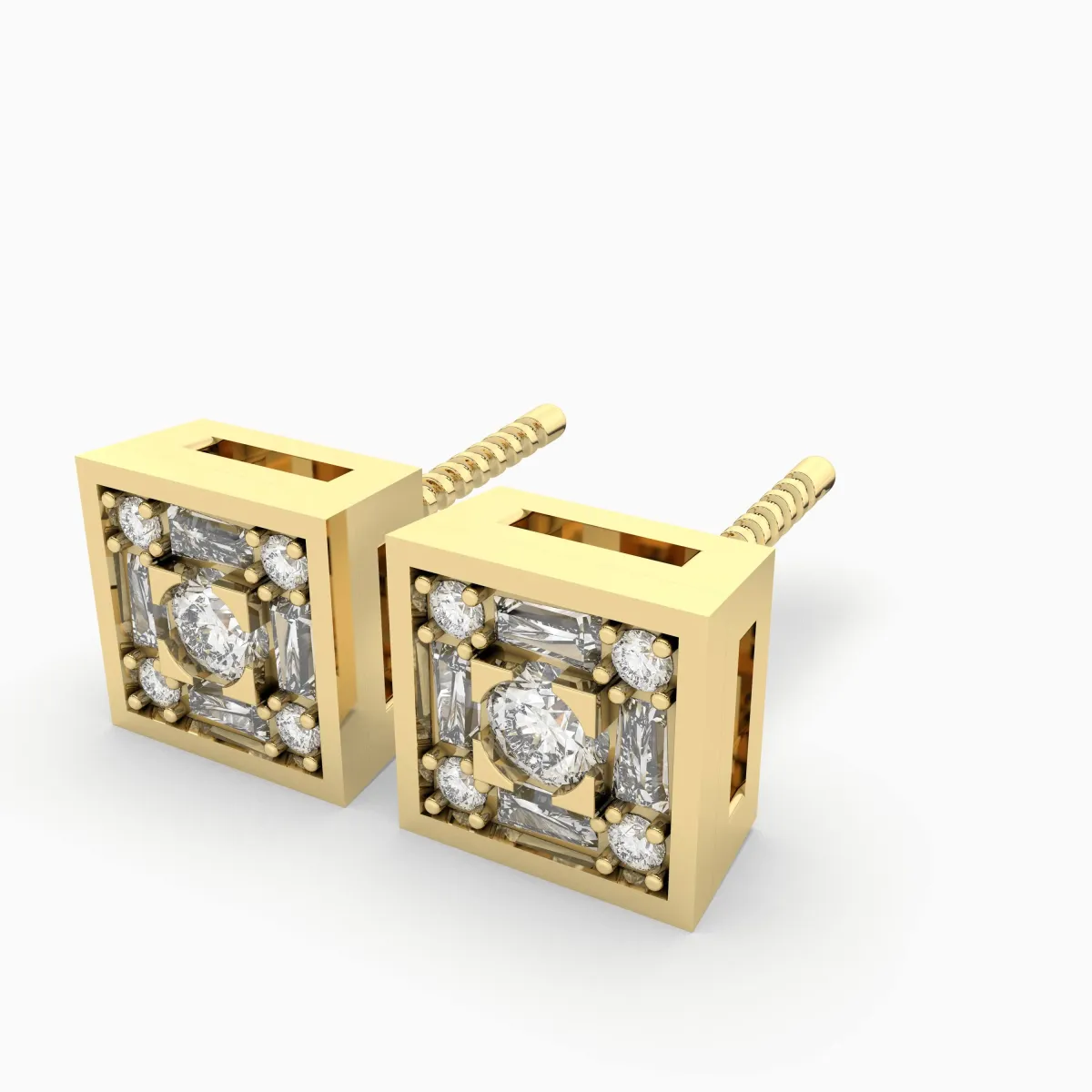 10K Gold Square Natural Diamond Stud Earrings
