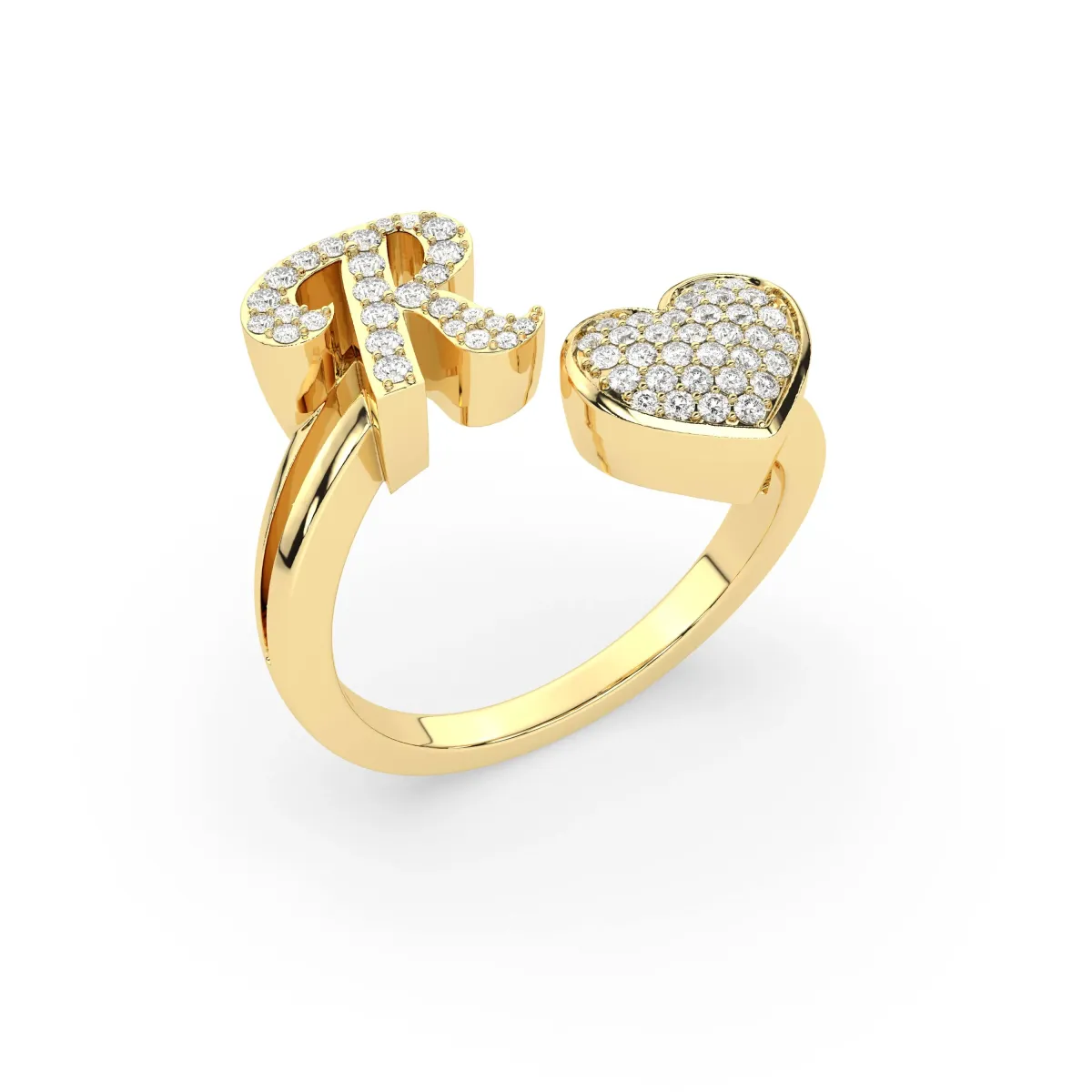 Gold Round Natural Diamond Heart Initial R Rings