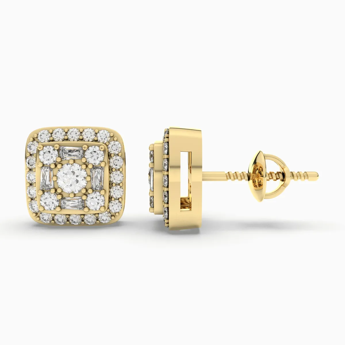 Gold Square Natural Diamond Stud Earrings For Women
