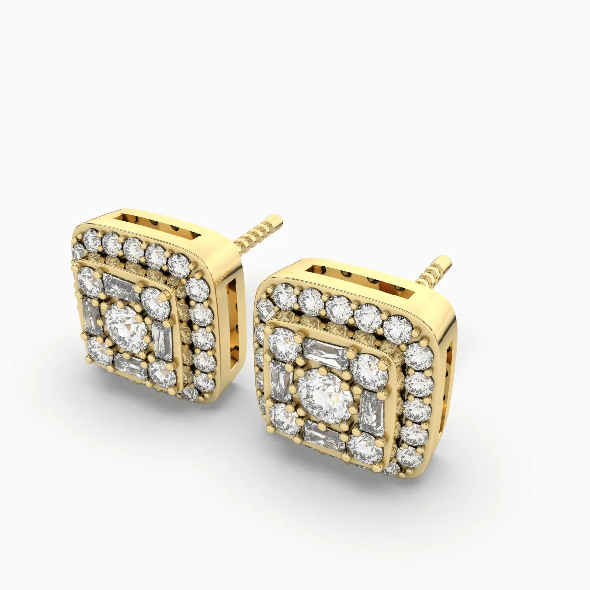 Gold Square Natural Diamond Stud Earrings For Women