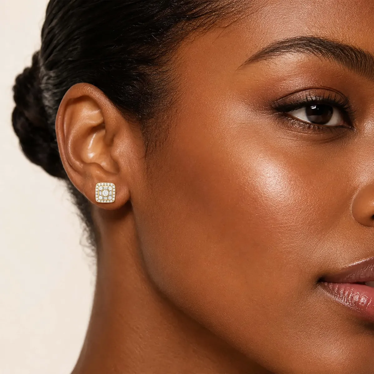 Gold Square Natural Diamond Stud Earrings For Women