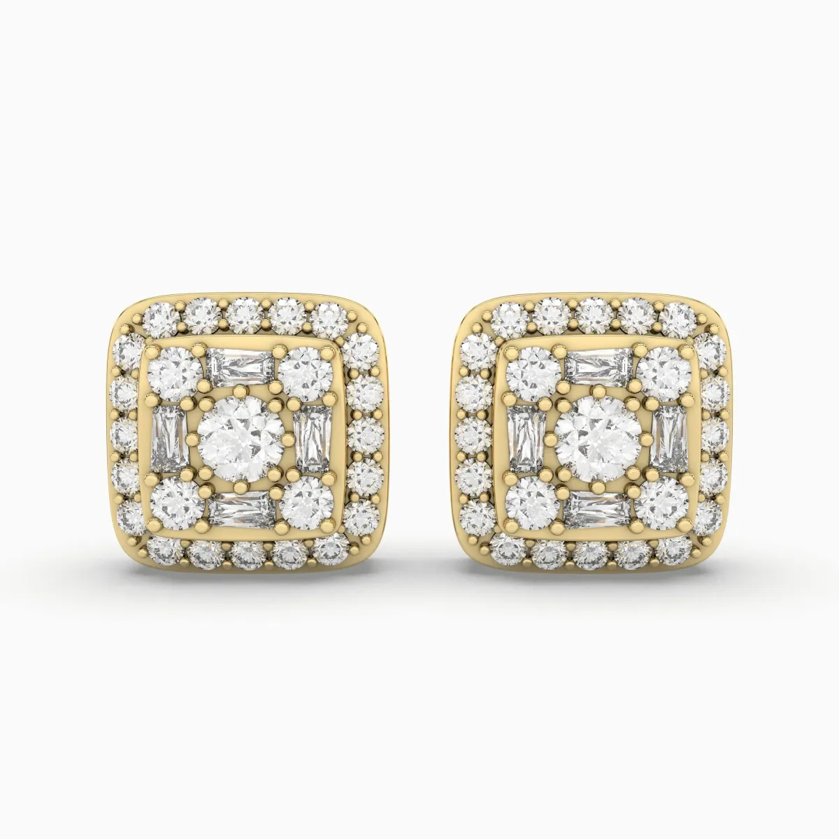 Gold Square Natural Diamond Stud Earrings For Women