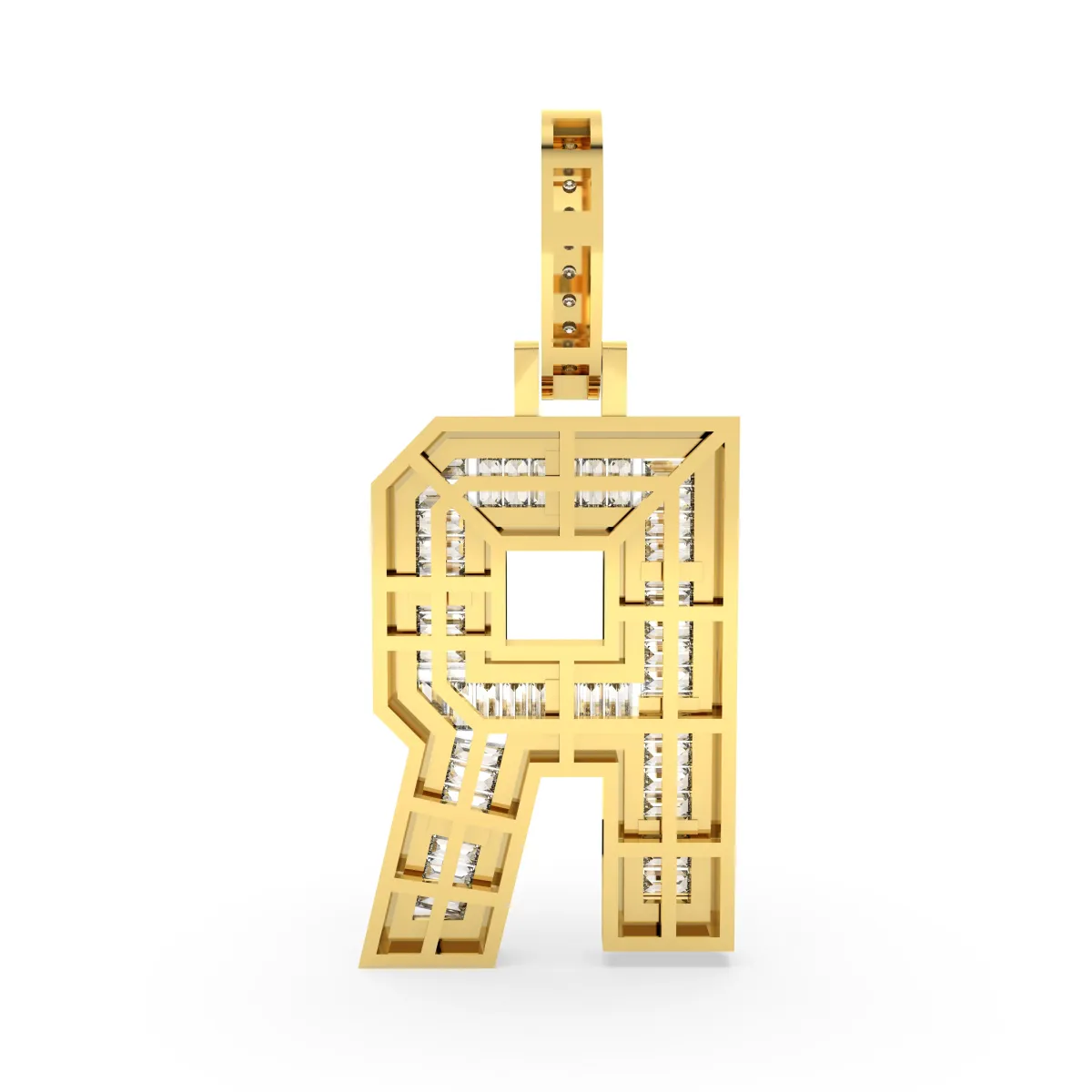 Baguette And Round Natural Diamond Letter Initial R Alphabet Pendant