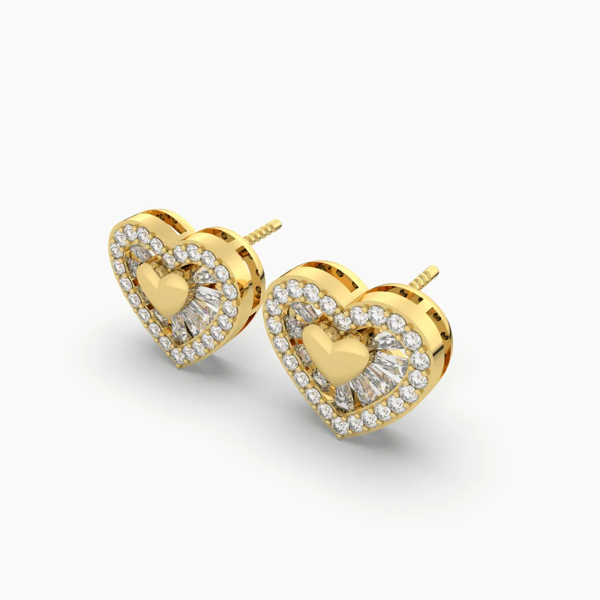 Heart-Shaped Baguette And Round Natural Diamond Stud Earrings
