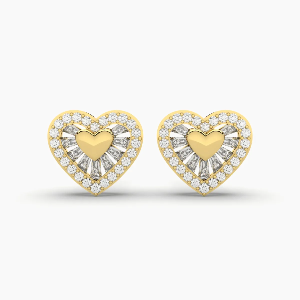 Heart-Shaped Baguette And Round Natural Diamond Stud Earrings