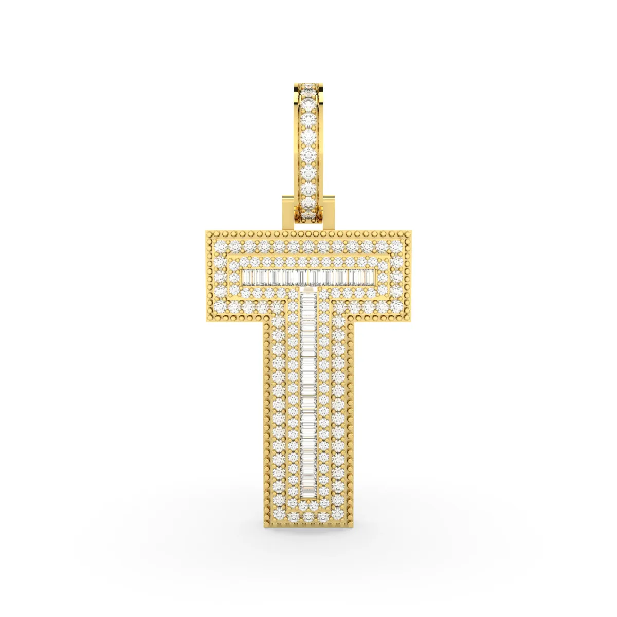 Initial Letter T Baguette And Round Natural Diamond Pendant