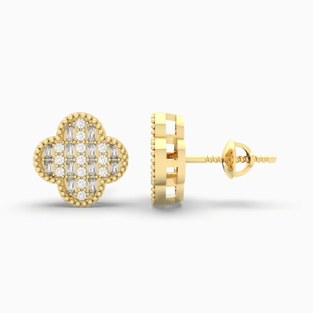 Solid Gold Natural Diamond Clover Stud Earrings