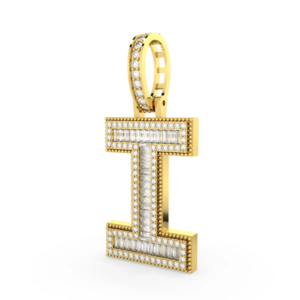 Baguette And Round Natural Diamond letter 'I' Pendant