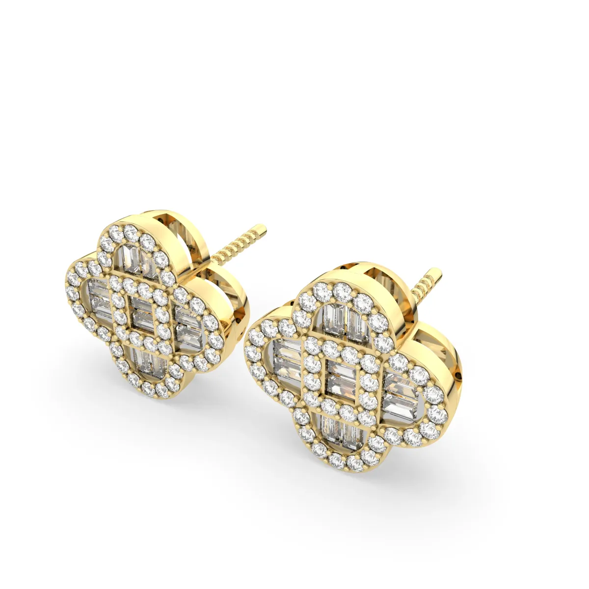 Clover Style Baguette And Round Natural Diamond Studs Earrings