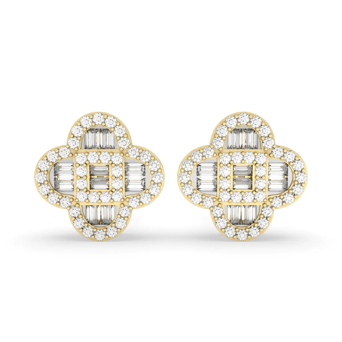 Clover Style Baguette And Round Natural Diamond Studs Earrings