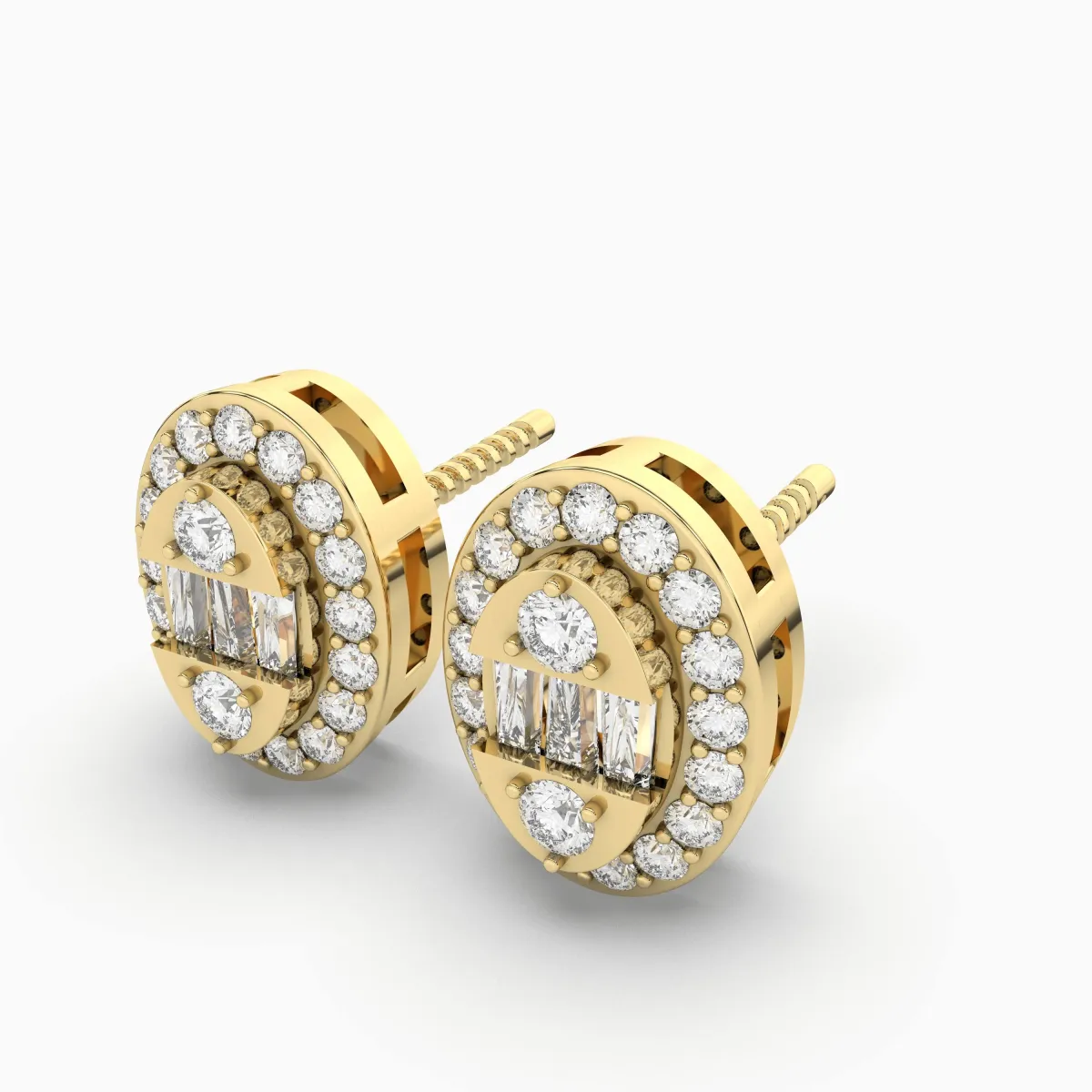 Gold Round Halo Natural Diamond Stud Earring