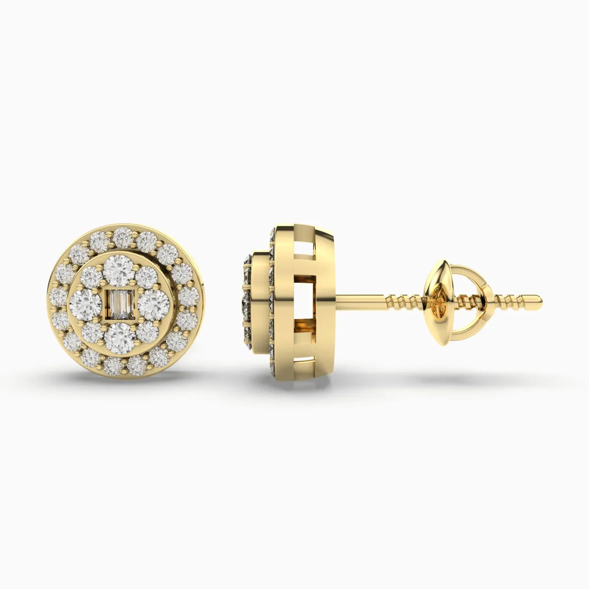 Round And Baguette Natural Diamond Stud Earring