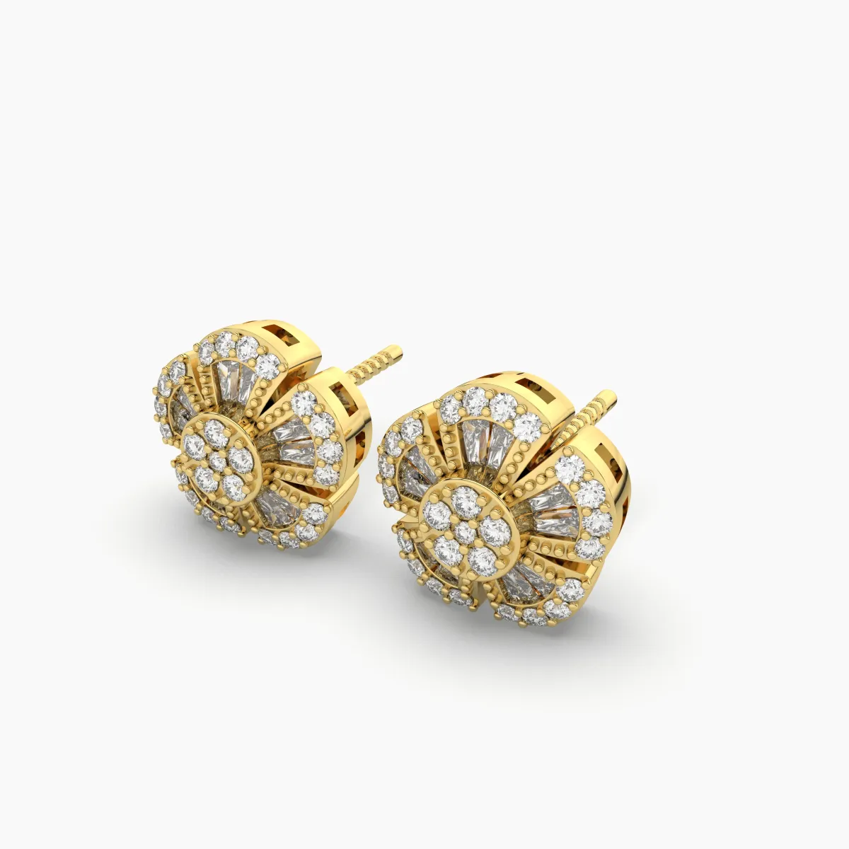 Baguette And Round Flower Natural Diamond Stud Earrings