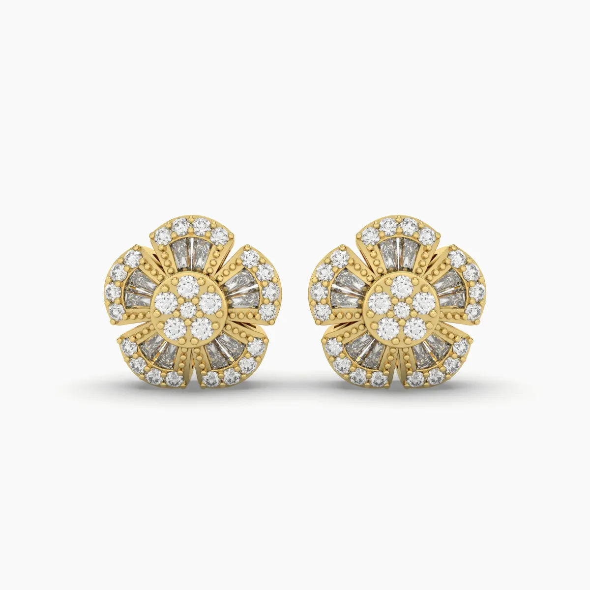 Baguette And Round Flower Natural Diamond Stud Earrings