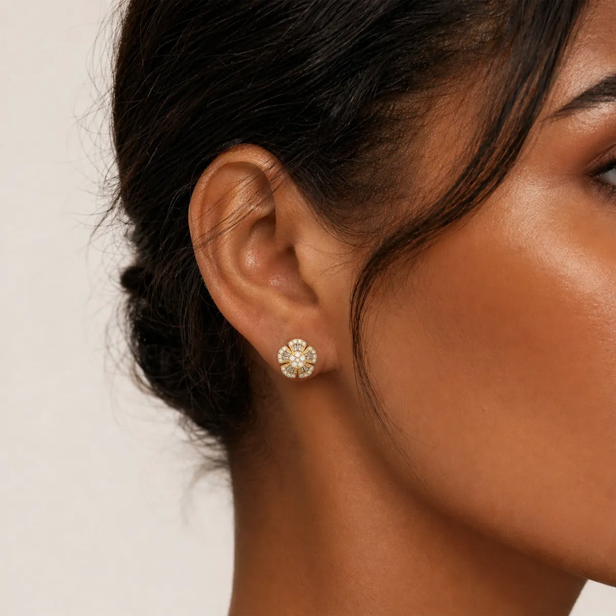 Baguette And Round Flower Natural Diamond Stud Earrings
