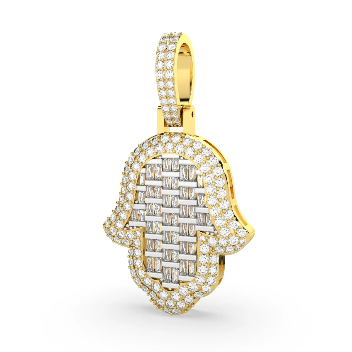 Mens Baguette And Round Natural Diamond Hamsa Charm Pendant