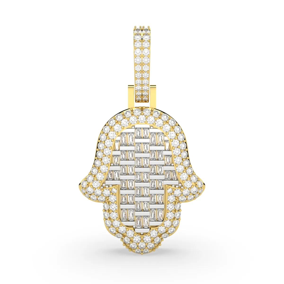 Mens Baguette And Round Natural Diamond Hamsa Charm Pendant
