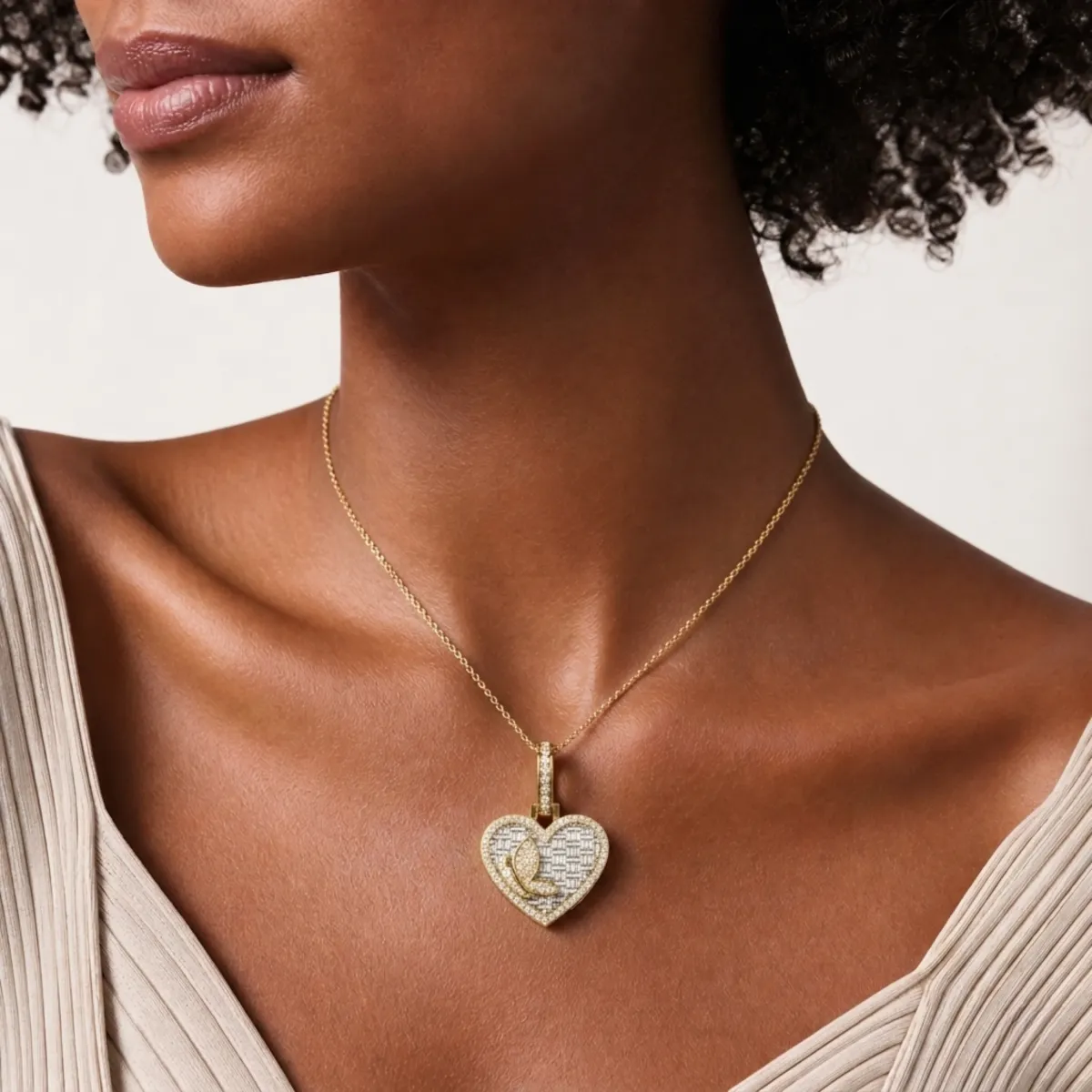Baguette And Round Natural Diamond Heart Pendant
