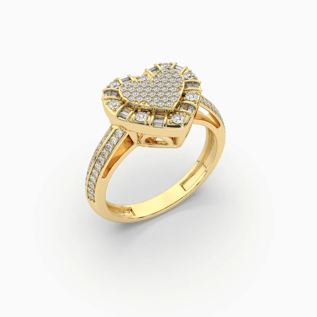 Heart Shape Ring With 0.41 CT Baguette And Round Natural Diamond