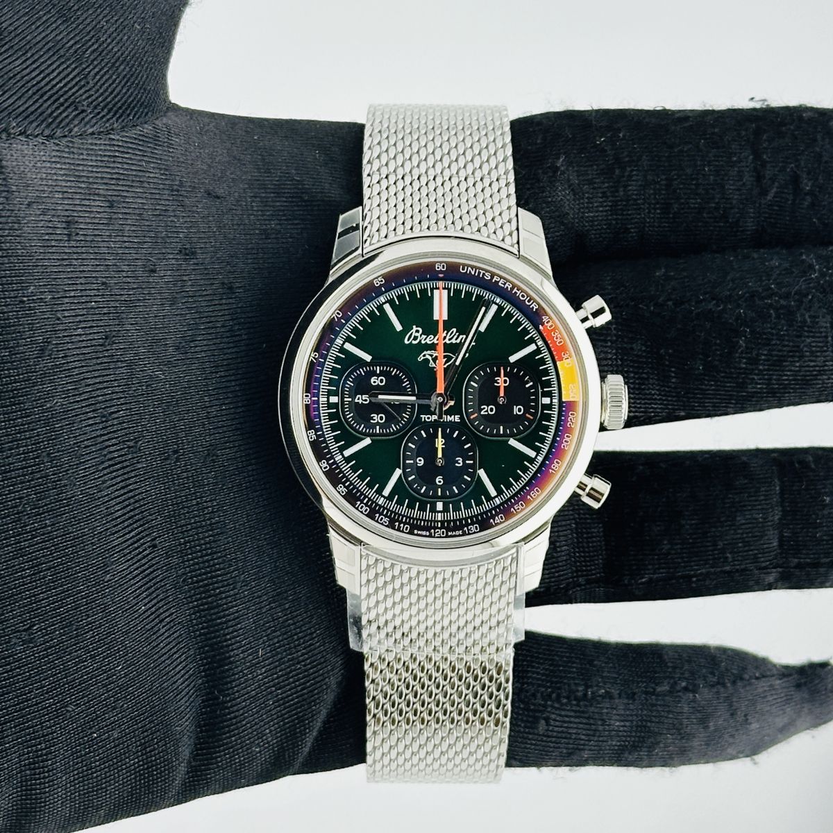 Breitling Top Time B01 Green Dial on Bracelet Ref. AB01762A1L1A1 Card 2025