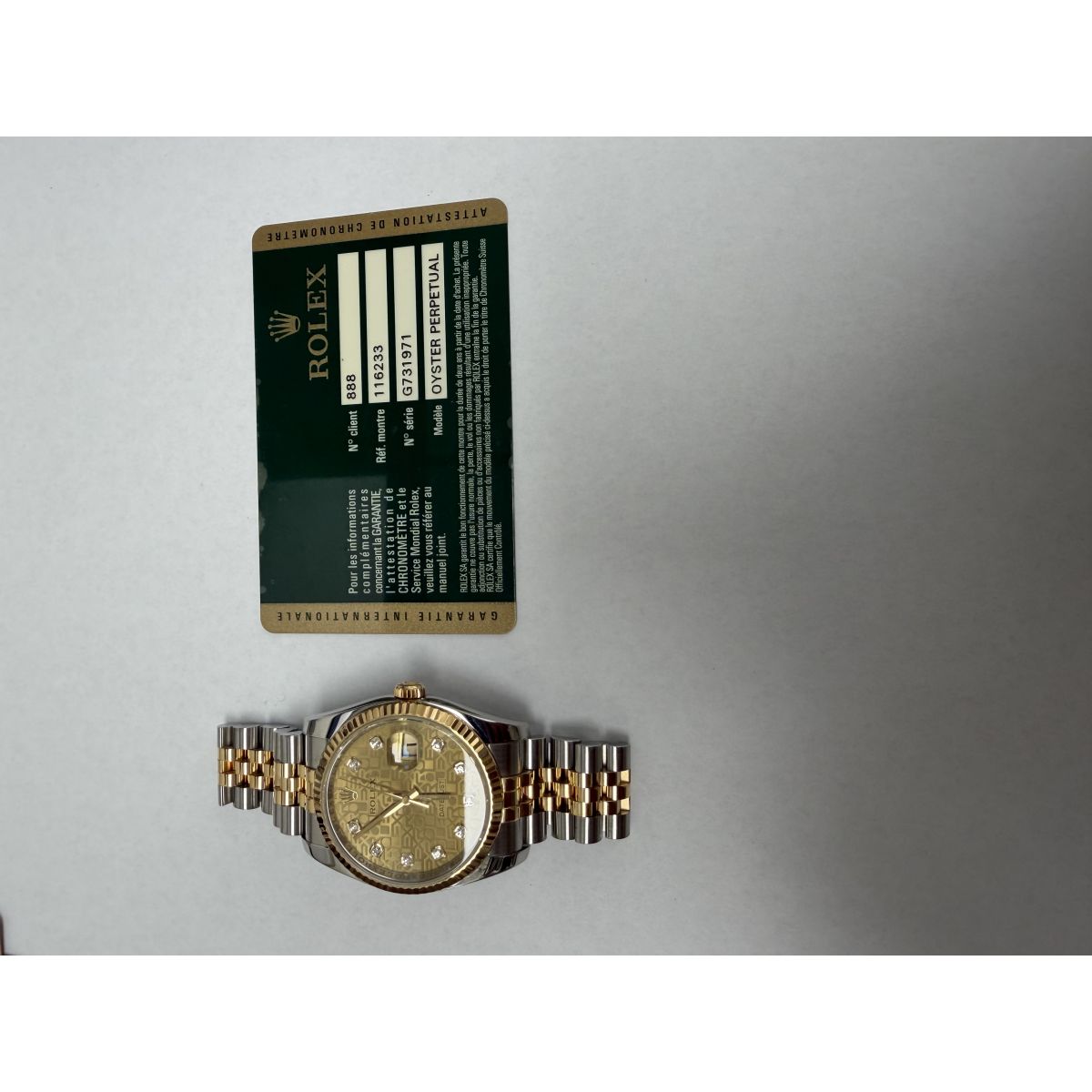 Rolex Datejust Gold Anniversary Diamond Dial Dial on Jubilee Ref. 116233 Card 2013