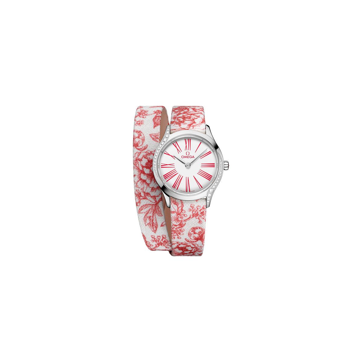 Omega De Ville Mini Tr√©sor Quartz White / Pink Roman Markers Dial on Fabric Strap Ref. 428.17.26.60.04.003 Card Open Date