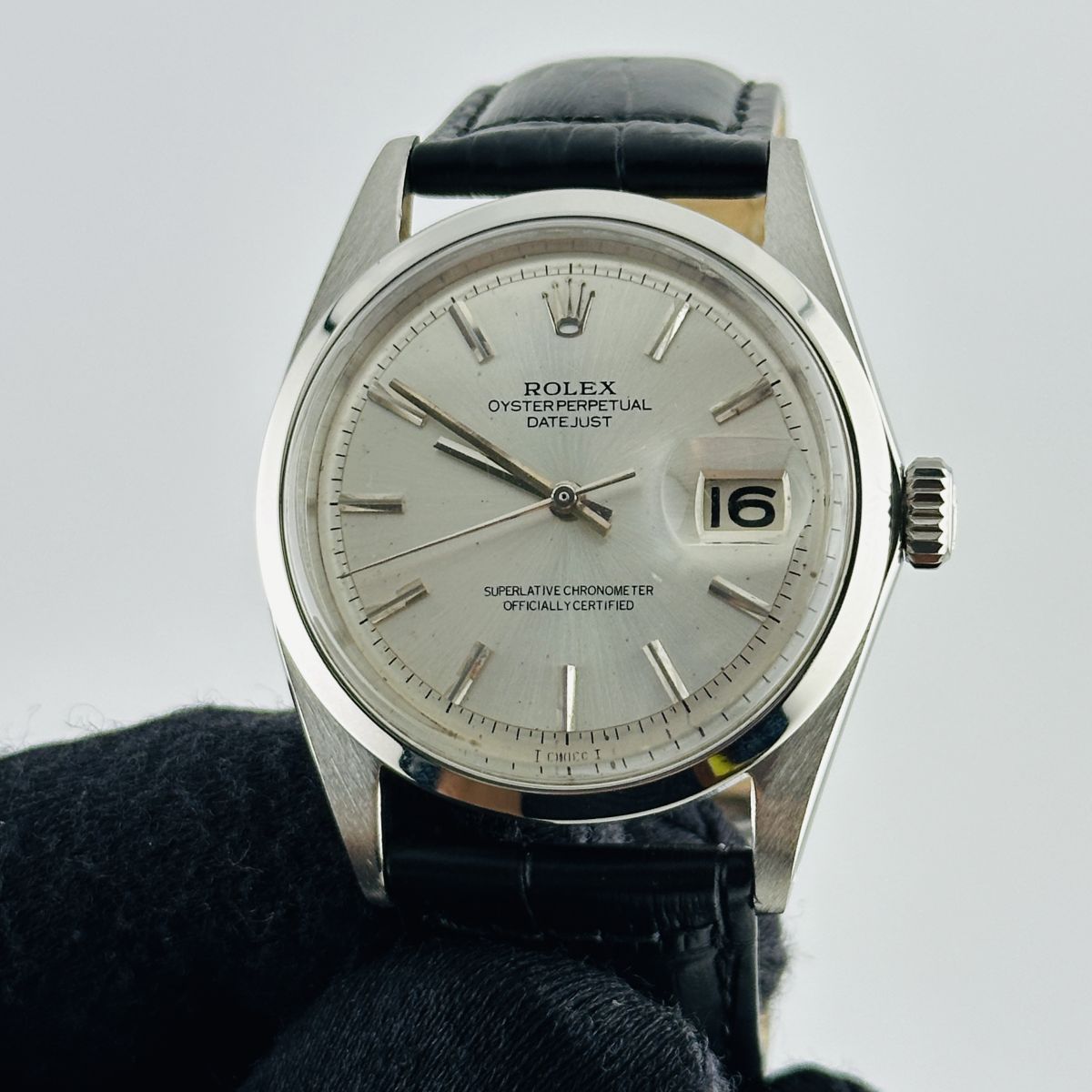 Rolex Datejust Silver Stick Dial on Generic Leather Band Ref. 1601 1970