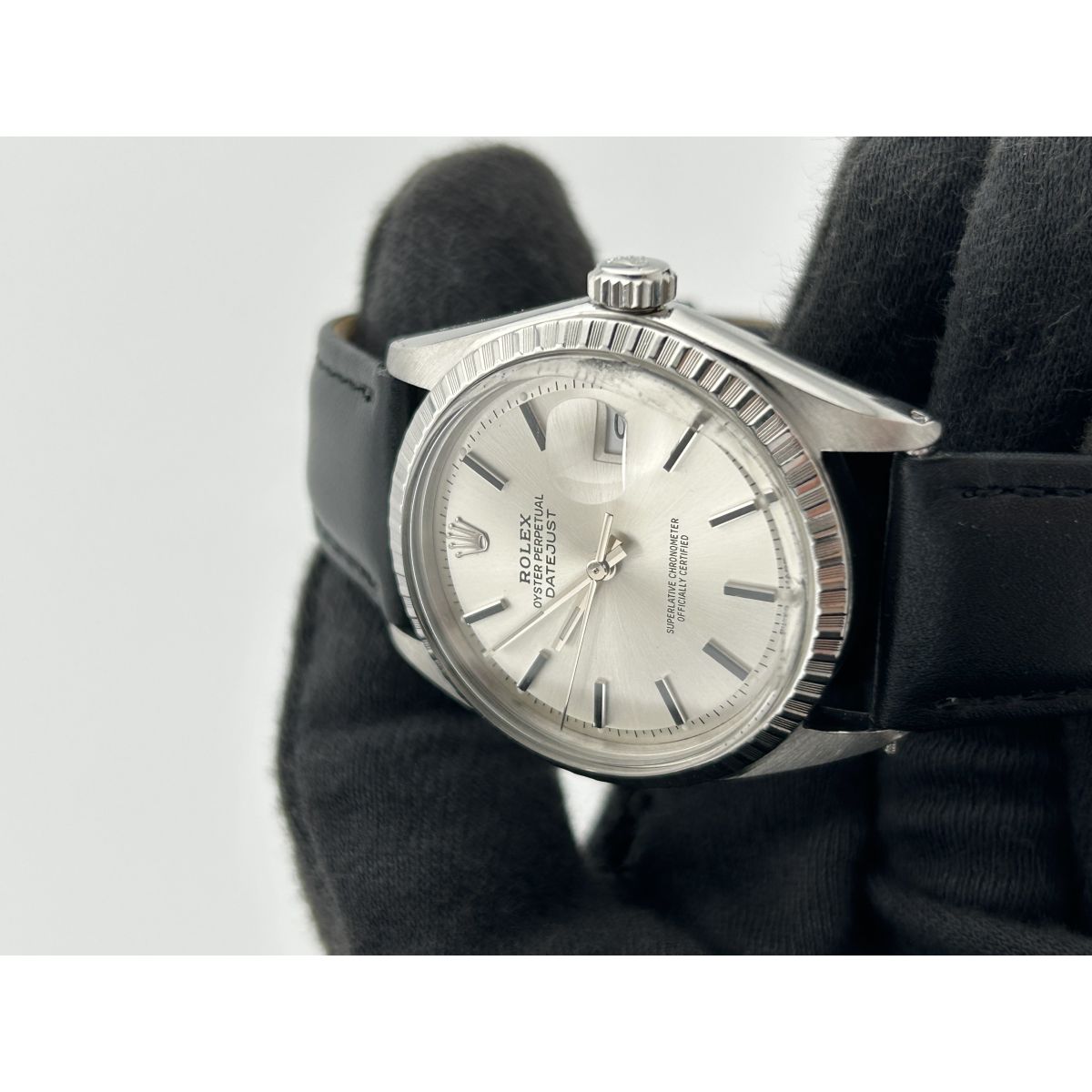 Rolex Datejust Silver Stick Dial on Generic Black Leather Band Ref. 1601 1971