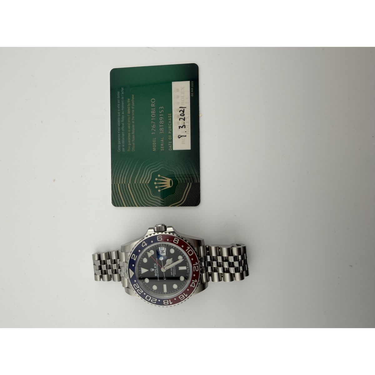 Rolex GMT-Master II Pepsi Black Dial on Jubilee D Link Bracelet Ref. 126710BLRO Card 2021