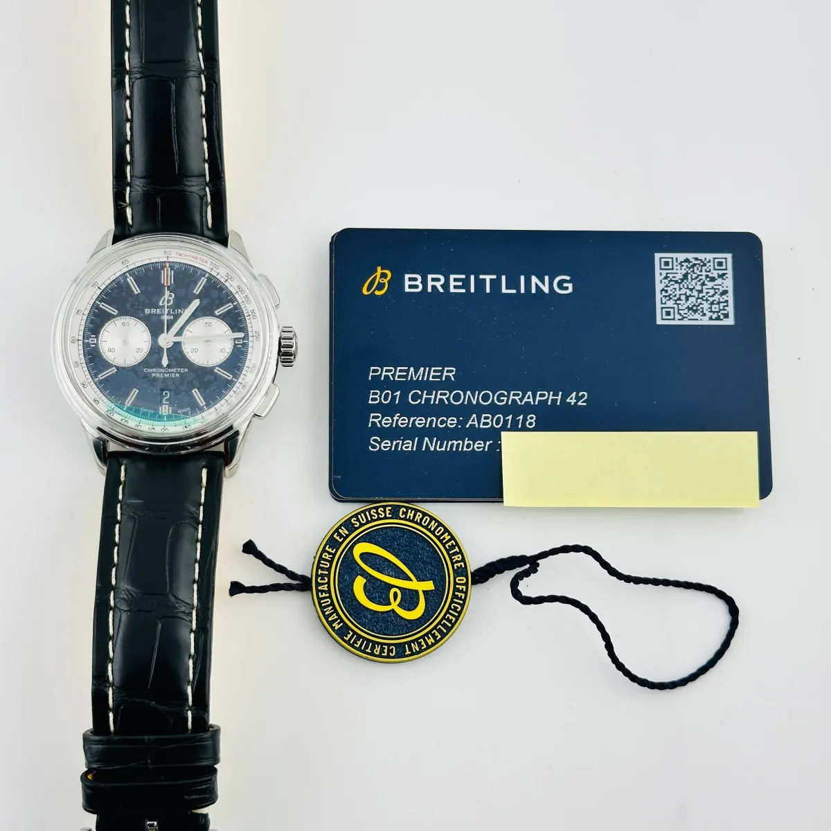 Breitling Premier B01 Chrono B&P Black Dial on Leather Ref AB0118 with Card 2023