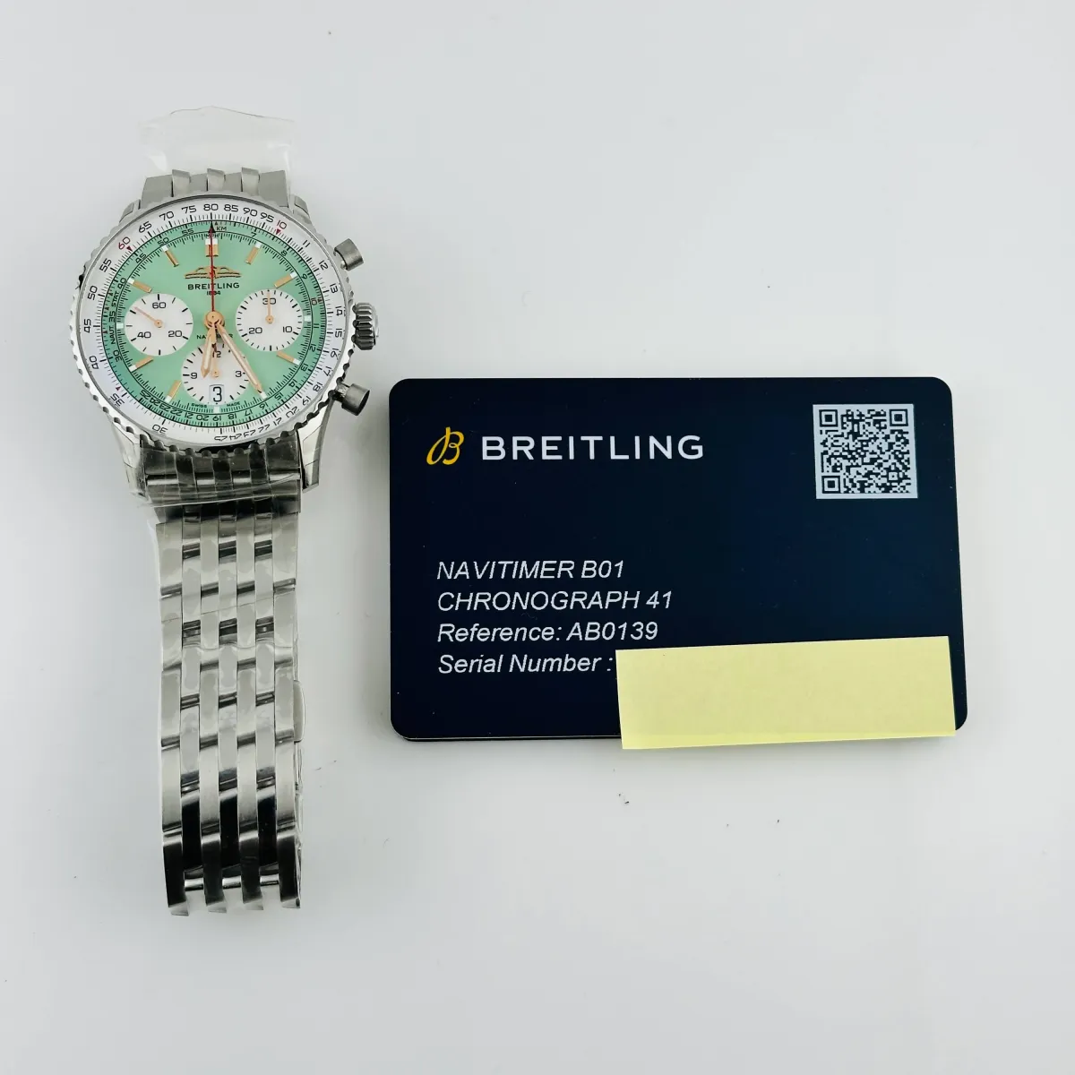 Breitling Navitimer B01 Chronograph Mint Green Dial on Bracelet Ref AB0139211L1A1 with Card 2025