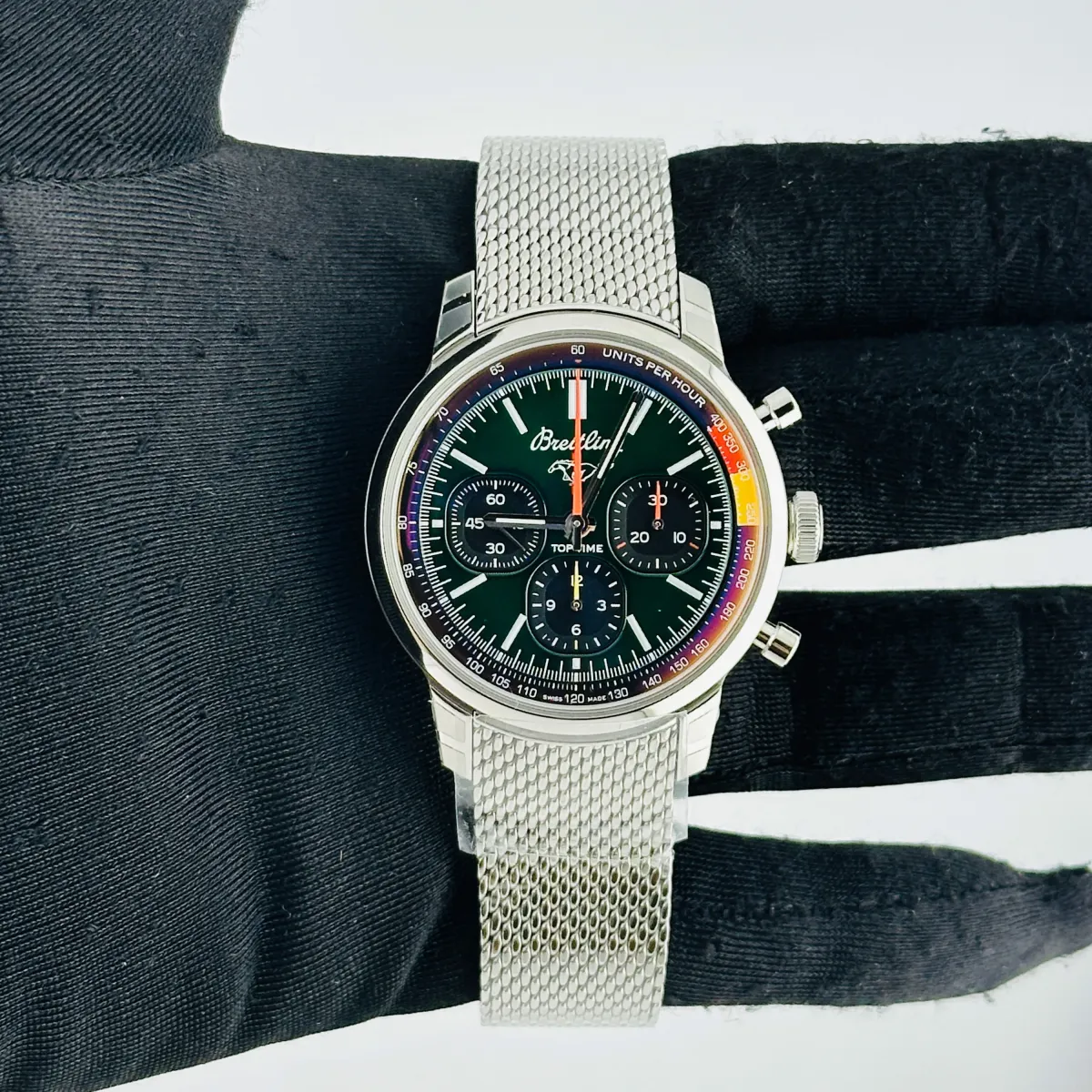 Breitling Top Time B01 Green Dial on Bracelet Ref AB01762A1L1A1 with Card 2025