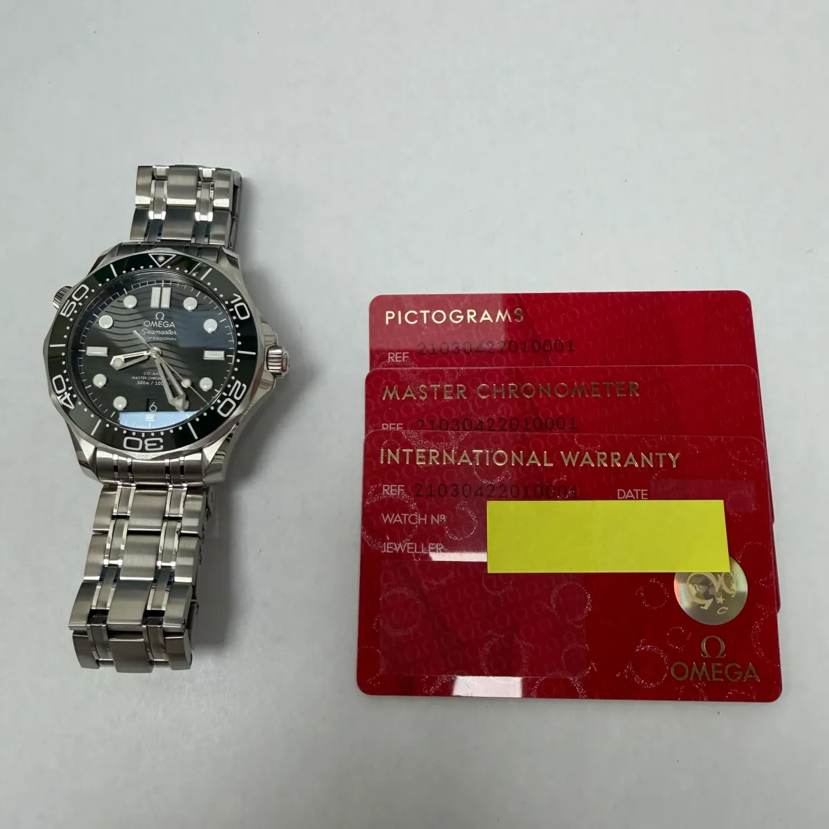 Omega Seamaster Diver 300M Co-Axial Master Chronometer Green Dial on Bracelet Ref 210.30.42.20.10.001 with Card