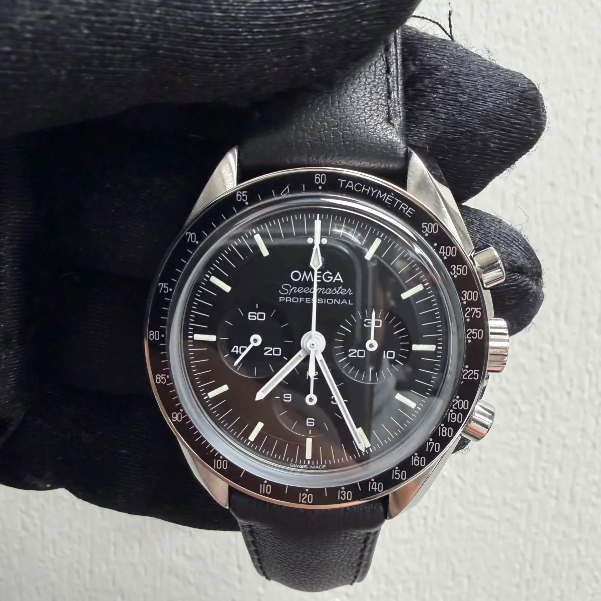 Omega Speedmaster Moonwatch Professional Co-Axial Master Chronometer Chronograph Black Dial on Leather Strap Ref 310.32.42.50.01.002 with Card
