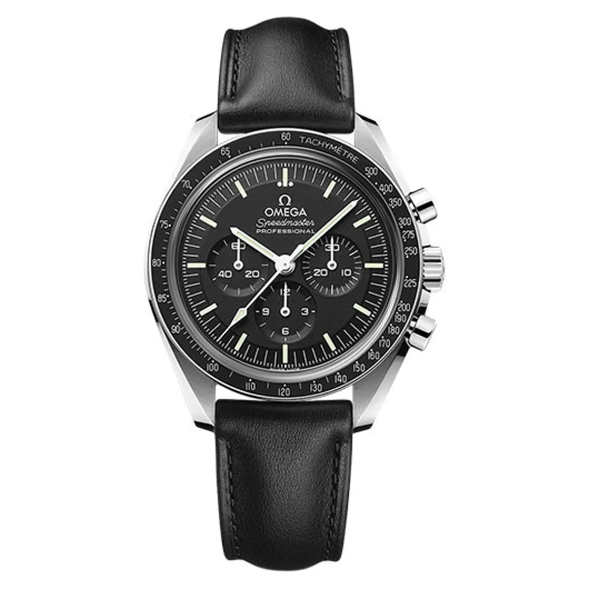 Omega Speedmaster Moonwatch Professional Co-Axial Master Chronometer Chronograph Black Dial on Leather Strap Ref 310.32.42.50.01.002 with Card