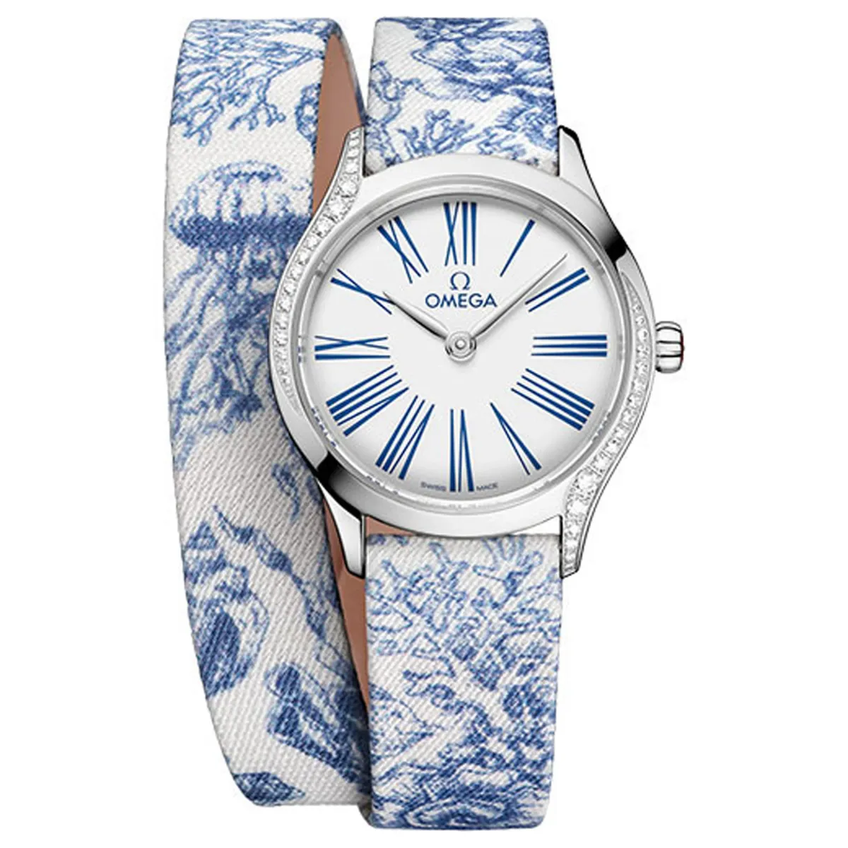Omega De Ville Mini Tr√©sor Quartz White / Blue Roman Markers Dial on Fabric Strap Ref 428.17.26.60.04.001 with Card